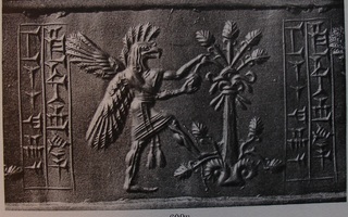 Bird-headed apkallu (griffin-demon) breaking branch of stylised tree