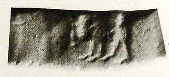 Stamp-cylinder seal: Two figures having sexual intercourse (cylinder image) – hunting dog (hound) chasing lion (stamp image)