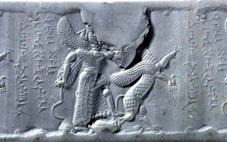 Winged hero fighting lion-griffin or lion-dragon