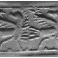 Two ostrich-like birds or griffins following each other