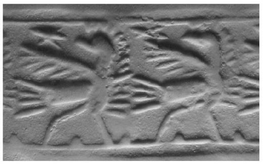 Two ostrich-like birds or griffins following each other