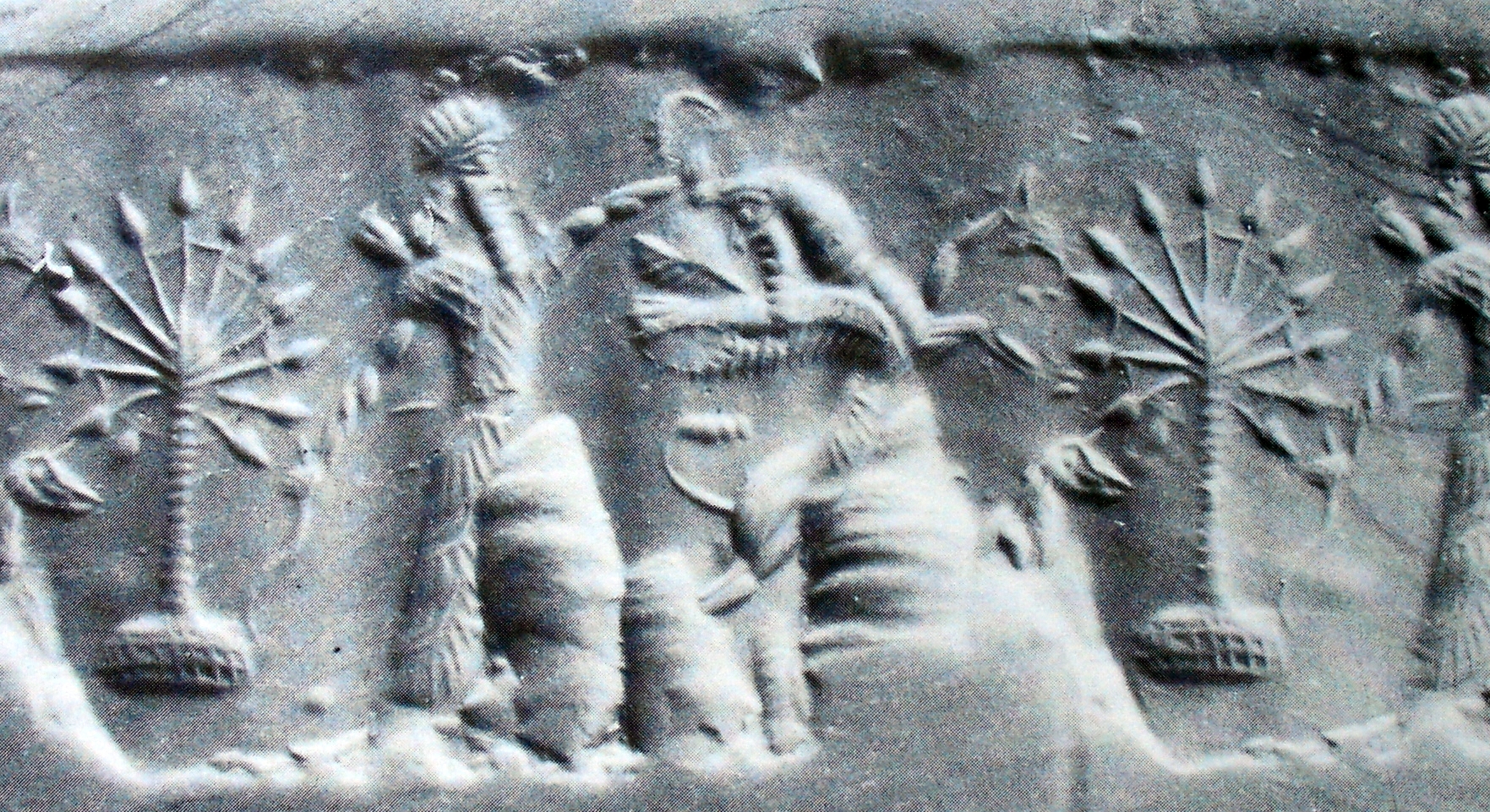 Hero fighting human-faced winged wild goat (ibex) beside stylised tree