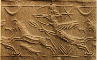 Winged lion-centaur (urmahlullu) hunting bull