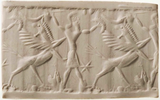 Hero (spearman) fighting lion-griffin