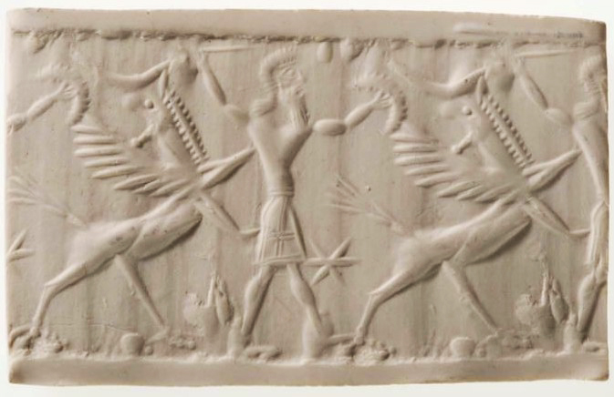 Hero (spearman) fighting lion-griffin