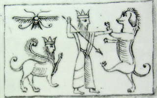 Royal hero fighting lion while human-headed winged lion (lamassu, sphinx) stands behind him