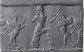 Hero grasping griffin and winged bull