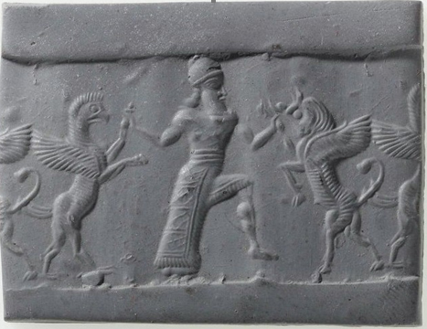 Hero grasping griffin and winged bull