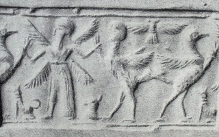 Winged hero grasping griffin and human-headed winged lion (shedu, sphinx) (modern [i.e., fake])