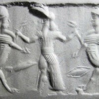 Hero fighting human-headed winged lion (shedu, sphinx) on either side