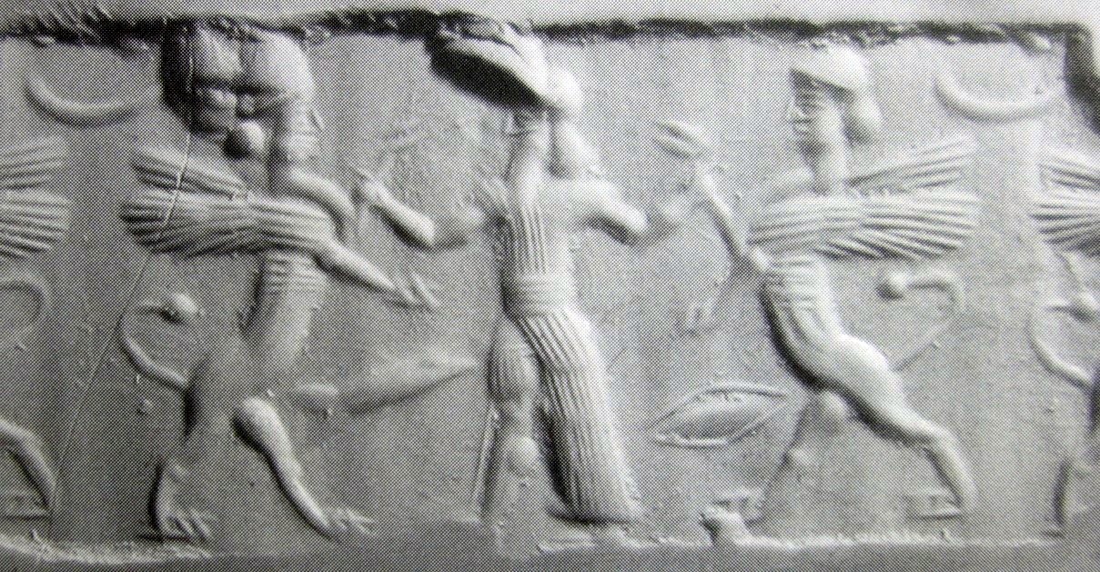 Hero fighting human-headed winged lion (shedu, sphinx) on either side