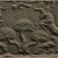 Two rampant bulls and two birds flanking bush