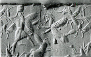 Winged hero fighting lion-griffin while stepping on a winged horse and winged bull facing him