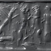 Two felines and griffin clashing over two wild goats (ibexes) while human figure grasps two of their tails