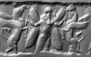 Winged hero grasping winged bull on either side