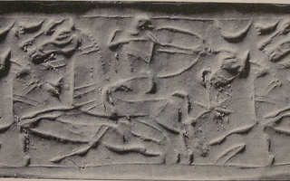 Horse-riding archer hunting bull