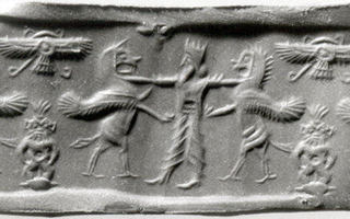 Royal hero grasping lion-griffin on each side next to Bes