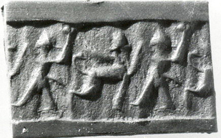 Hero fighting human-headed winged lion (shedu, sphinx)