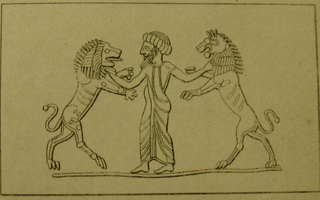 Persian hero grasping lion on either side
