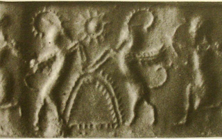 Double scene: hunting and ritual scene depicting hero (archer) hunting two winged wild goats (ibexes) flanking serrated arch, likely indicating mountain below twelve-rayed, globe-centred star