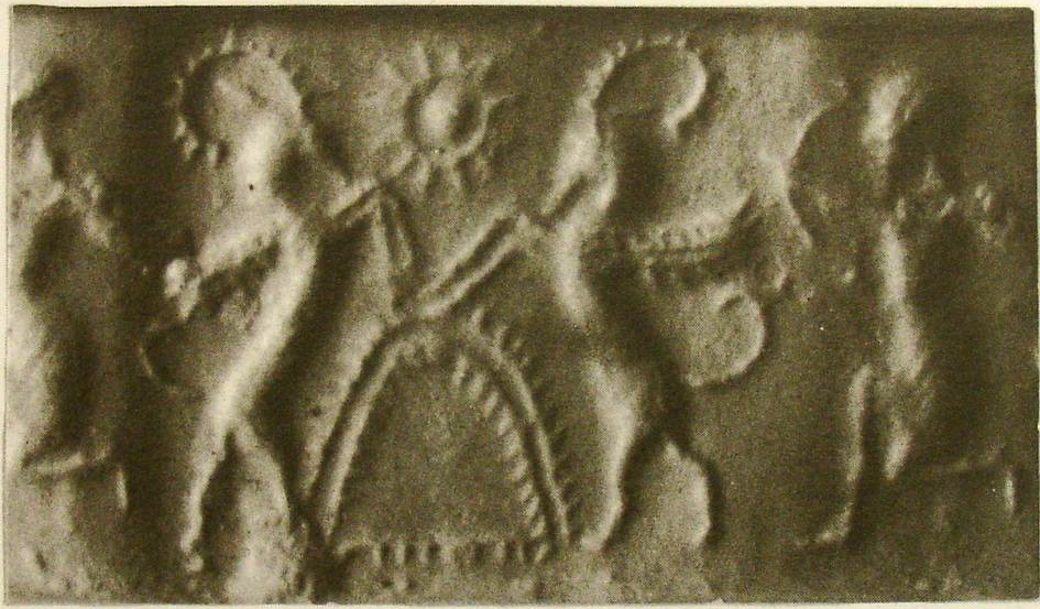 Double scene: hunting and ritual scene depicting hero (archer) hunting two winged wild goats (ibexes) flanking serrated arch, likely indicating mountain below twelve-rayed, globe-centred star