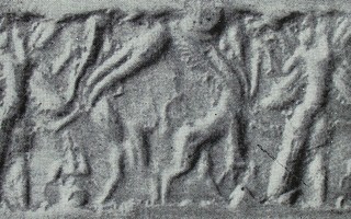 Winged hero grasping human-headed winged lion (lamassu, sphinx) on either side