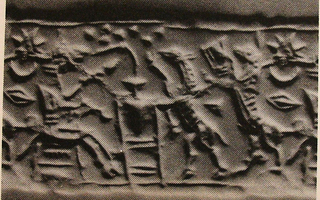 Pot-stand between horse sitting on stool and horse with dog