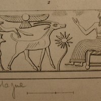 Sitting human figure facing various animals