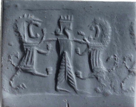 Royal hero grasping lion on either side