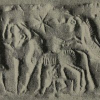 Human figure holding suckling cow mounted by bull