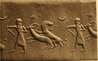 Archer hunting lion and wild goat (ibex)