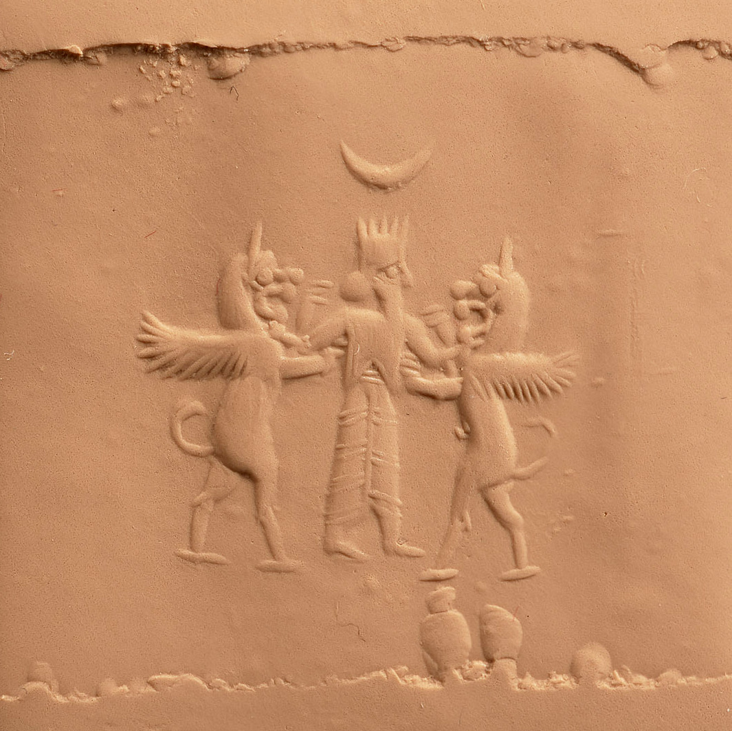 Royal hero grasping lion-griffin on either side