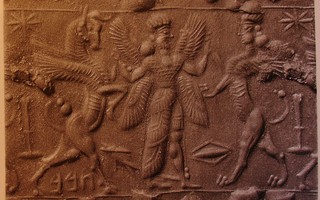 Winged hero grasping winged bull and human-headed winged lion (lamassu, sphinx)