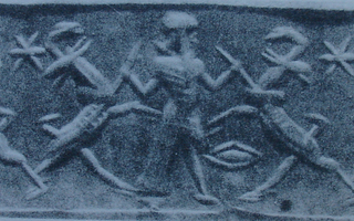 Hero fighting wild goat (ibex) on either side