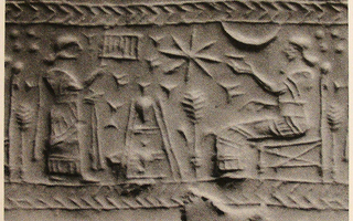 Pot-stand between king sitting on throne and his attendant