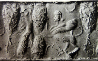 Hero fighting human-headed winged lion (shedu, sphinx)