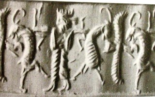 Royal hero grasping wild goat (ibex) on either side next to Ahura Mazda emerging from winged sun-disc