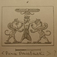 Royal hero grasping lion-dragon on either side