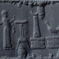 Worshipper (priest) facing oil burner, crescent moon and bird (rooster[?]) on cult daises (parakkus)
