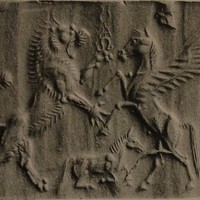 Lion fighting winged horse over reclining foal