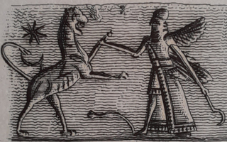 Winged hero fighting lion