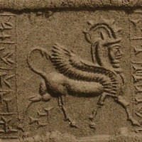 Striding human-faced winged wild goat (ibex)