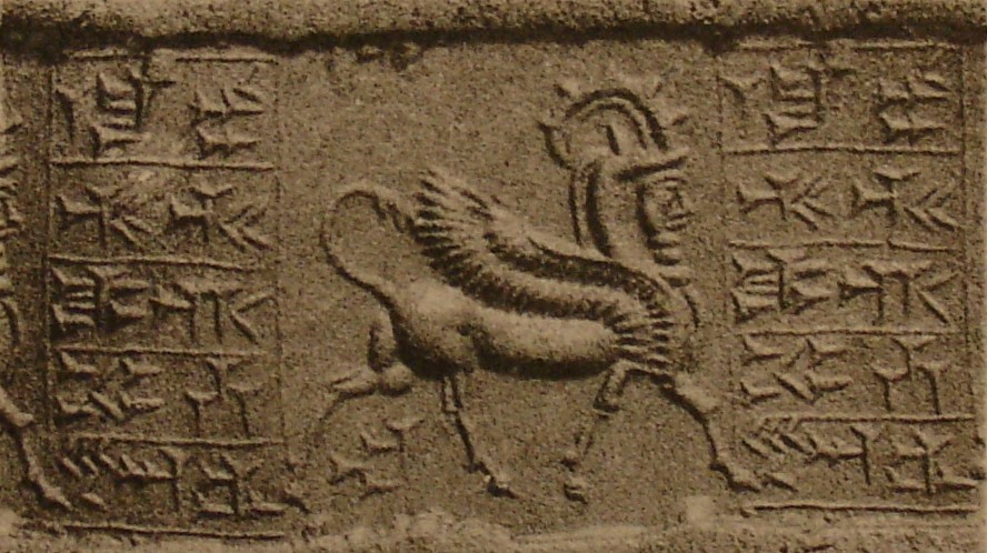Striding human-faced winged wild goat (ibex)