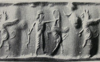 Persian hero fighting human-faced winged wild goat before lion-dragon