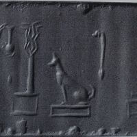 Worshipper (priest) holding long-necked bottle and facing divine symbols