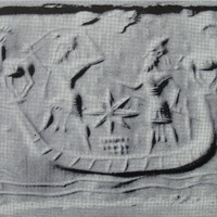 Two male figures and two mouflons in boat