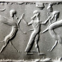 Hero grasping human-headed winged lion (shedu, sphinx) on either side