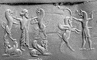 Dual scene: Contest scene depicting Persian hero grasping lion standing on human-headed winged lion (shedu, sphinx) on either side/Contest scene depicting lion-demon (ugallu) smiting human-faced winged wild goat (ibex)
