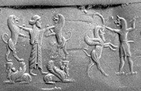 Dual scene: Contest scene depicting Persian hero grasping lion standing on human-headed winged lion (shedu, sphinx) on either side/Contest scene depicting lion-demon (ugallu) smiting human-faced winged wild goat (ibex)