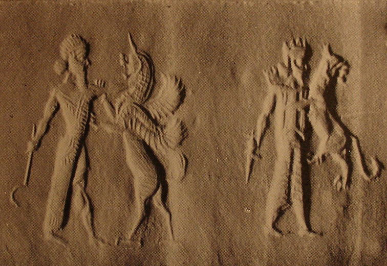 Hero fighting lion-griffin and royal hero fighting lion